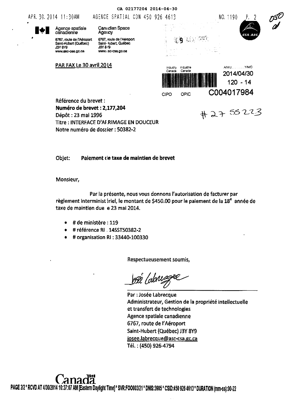 Canadian Patent Document 2177204. Fees 20131230. Image 1 of 2