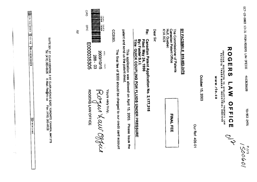Canadian Patent Document 2177315. Correspondence 20031015. Image 1 of 1