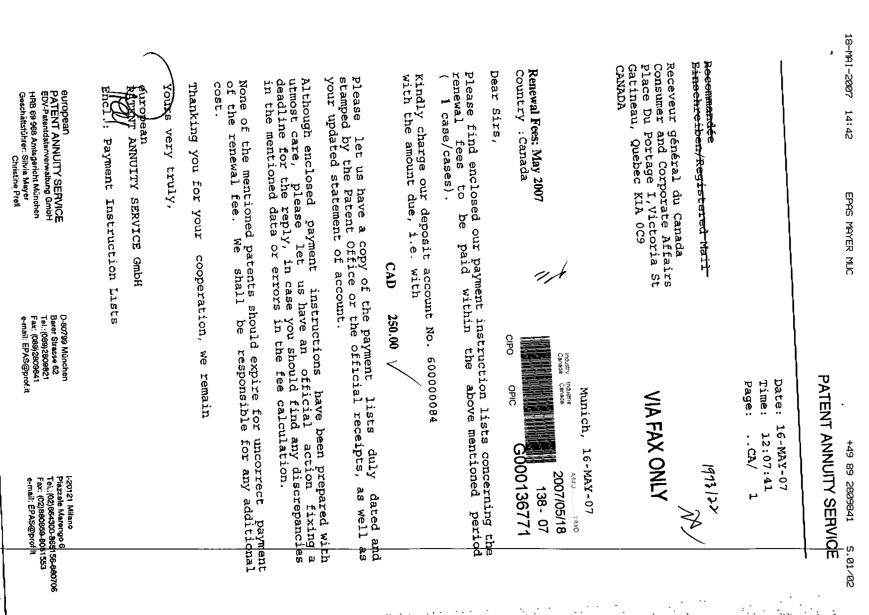 Canadian Patent Document 2177315. Fees 20070518. Image 1 of 2