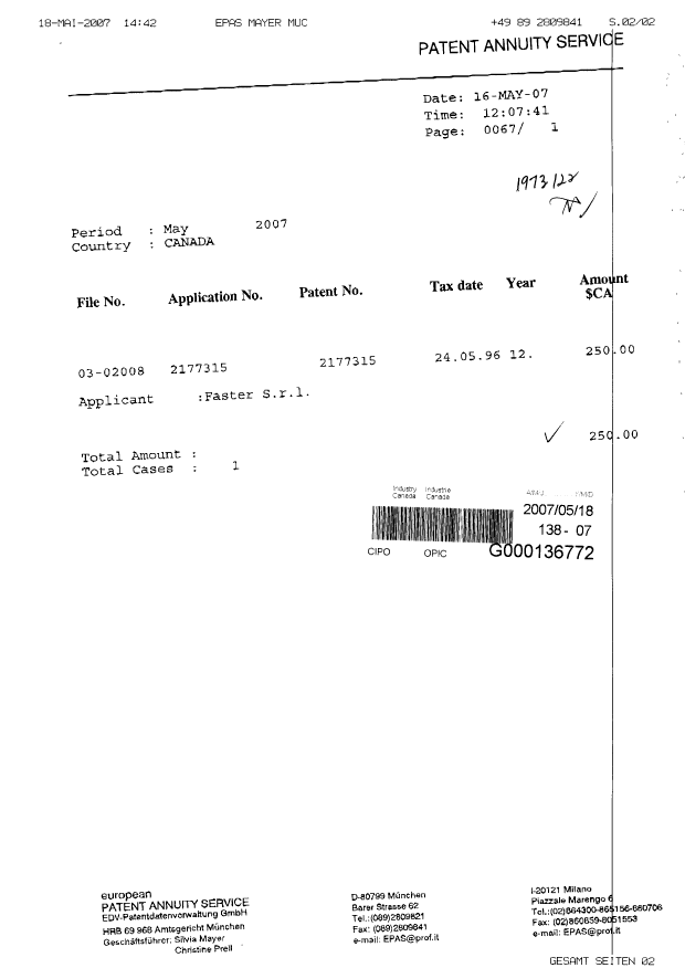 Document de brevet canadien 2177315. Taxes 20070518. Image 2 de 2