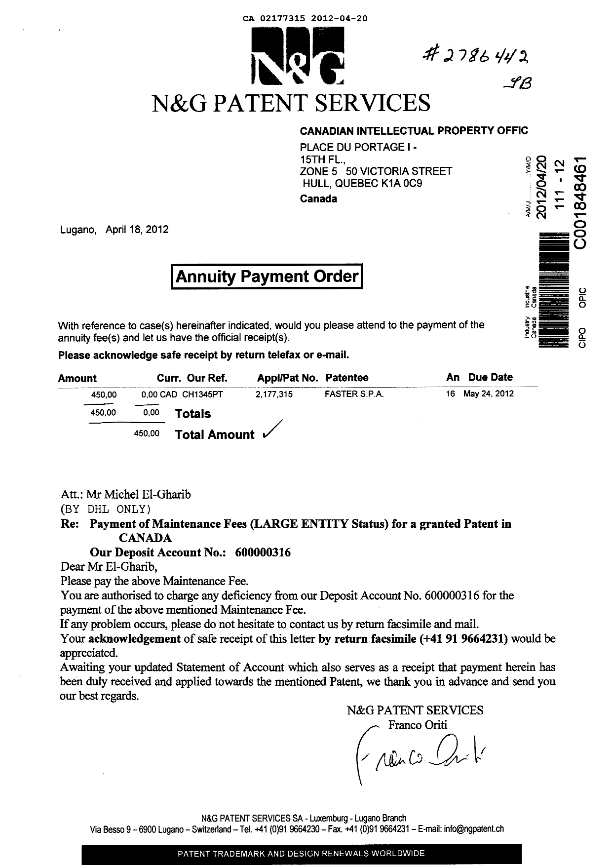 Document de brevet canadien 2177315. Taxes 20120420. Image 1 de 1