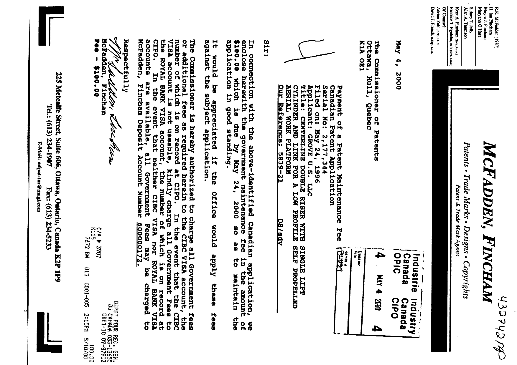 Canadian Patent Document 2177344. Fees 20000504. Image 1 of 1