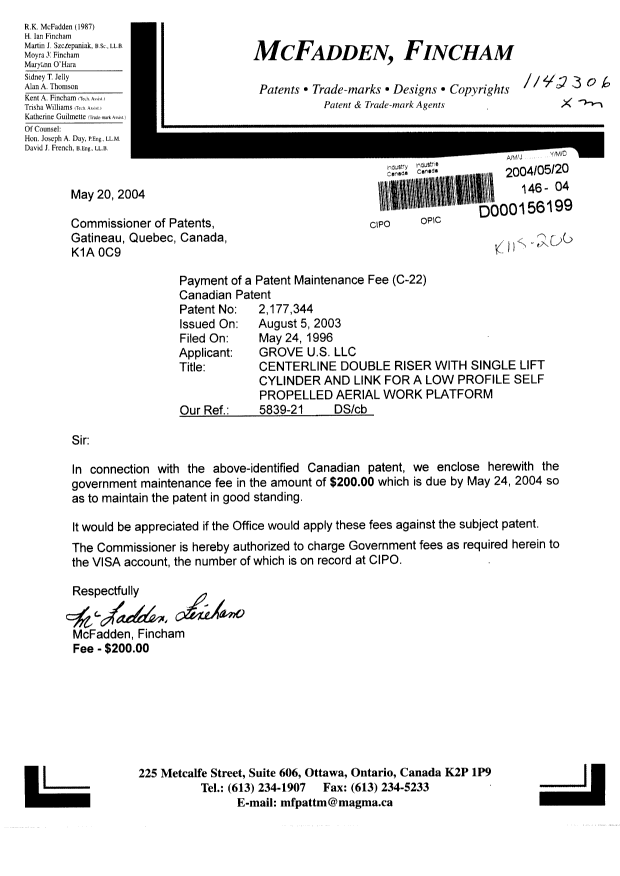 Document de brevet canadien 2177344. Taxes 20040520. Image 1 de 1
