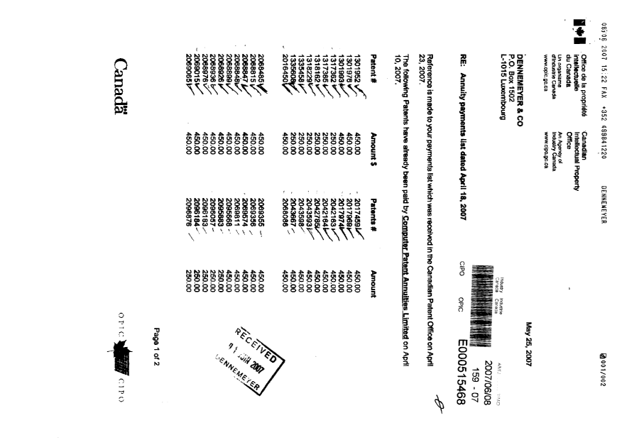 Document de brevet canadien 2177422. Correspondance 20070608. Image 1 de 2