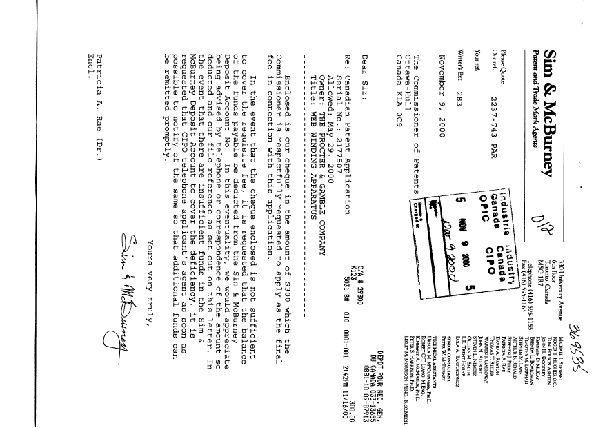 Document de brevet canadien 2177507. Correspondance 20001109. Image 1 de 1