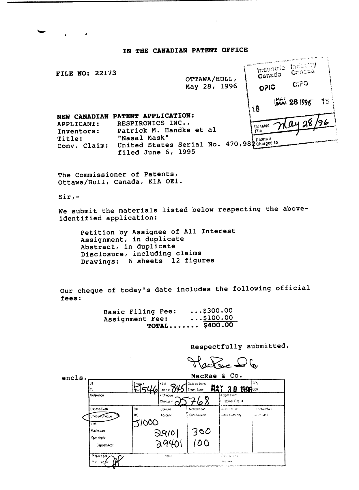 Document de brevet canadien 2177524. Cession 19960528. Image 1 de 9