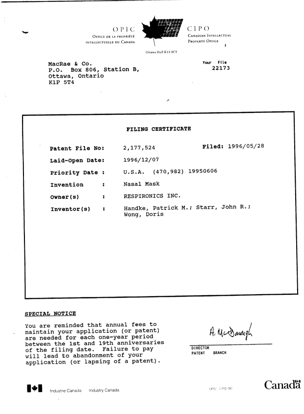 Document de brevet canadien 2177524. Cession 19960528. Image 9 de 9