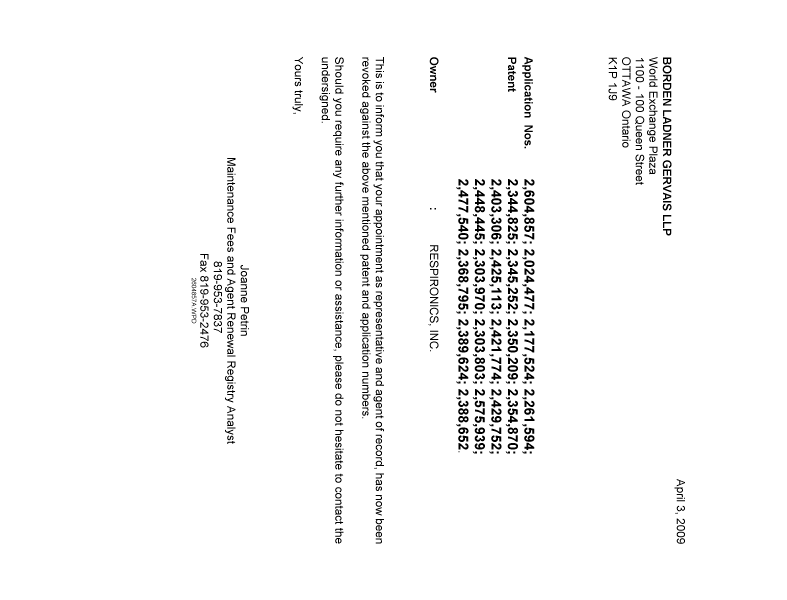 Document de brevet canadien 2177524. Correspondance 20090403. Image 1 de 1