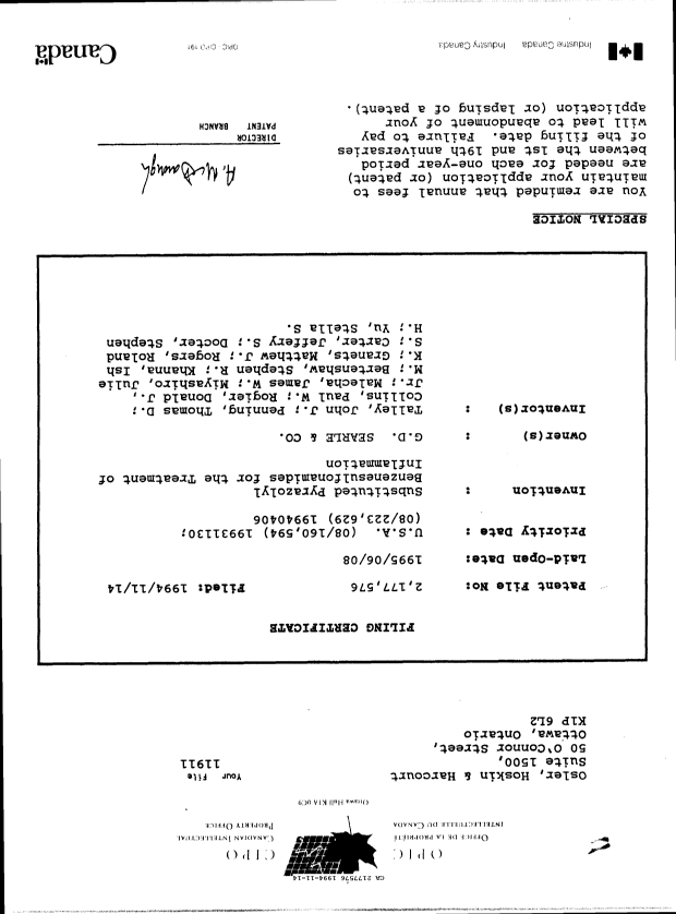 Document de brevet canadien 2177576. Lettre du bureau 19941114. Image 1 de 1