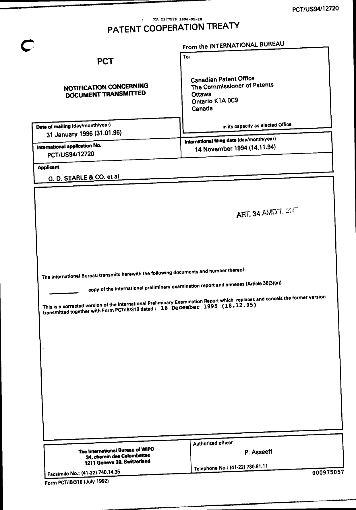 Document de brevet canadien 2177576. PCT 19951228. Image 1 de 16