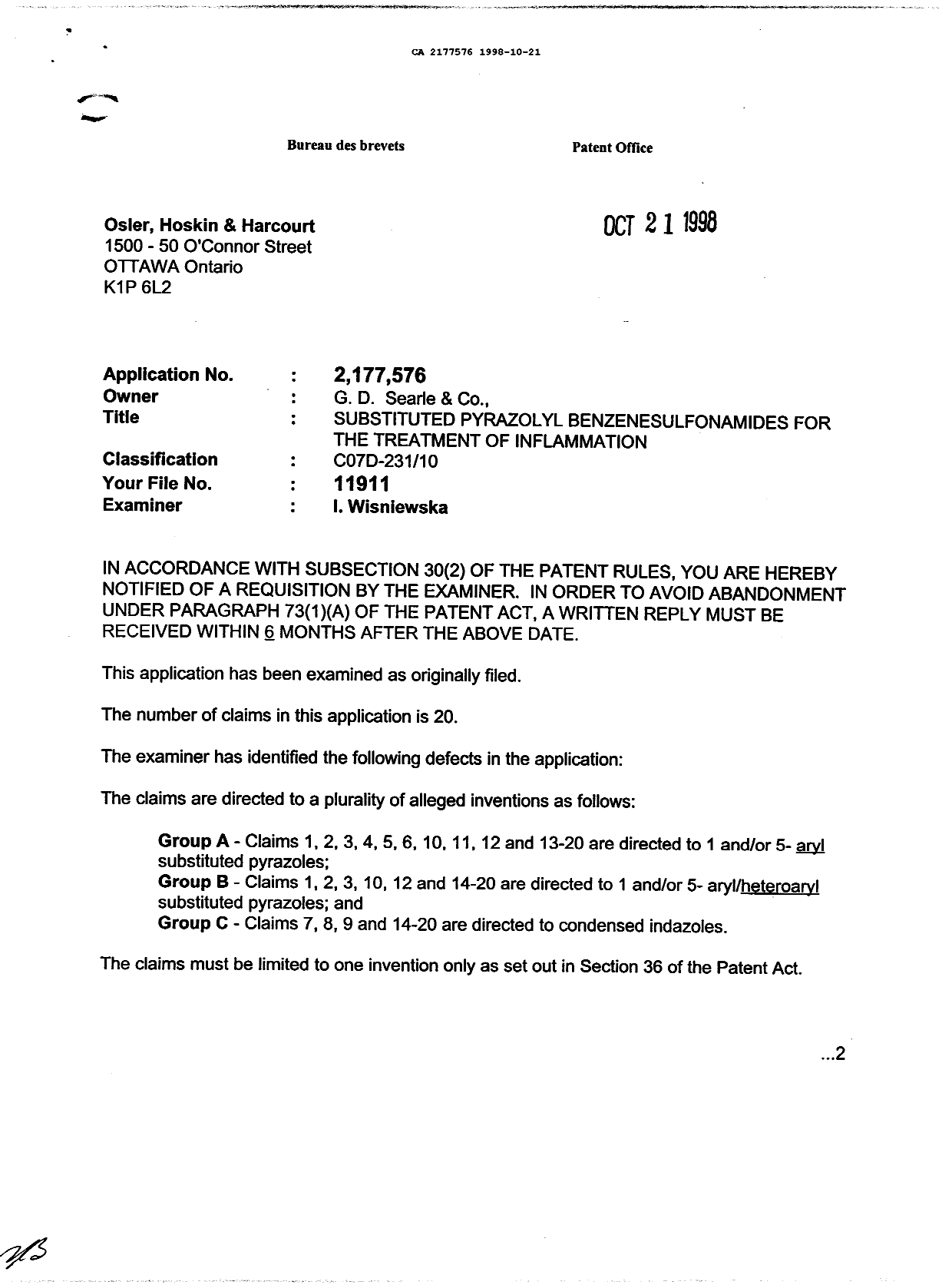 Canadian Patent Document 2177576. Examiner Requisition 19981021. Image 1 of 3