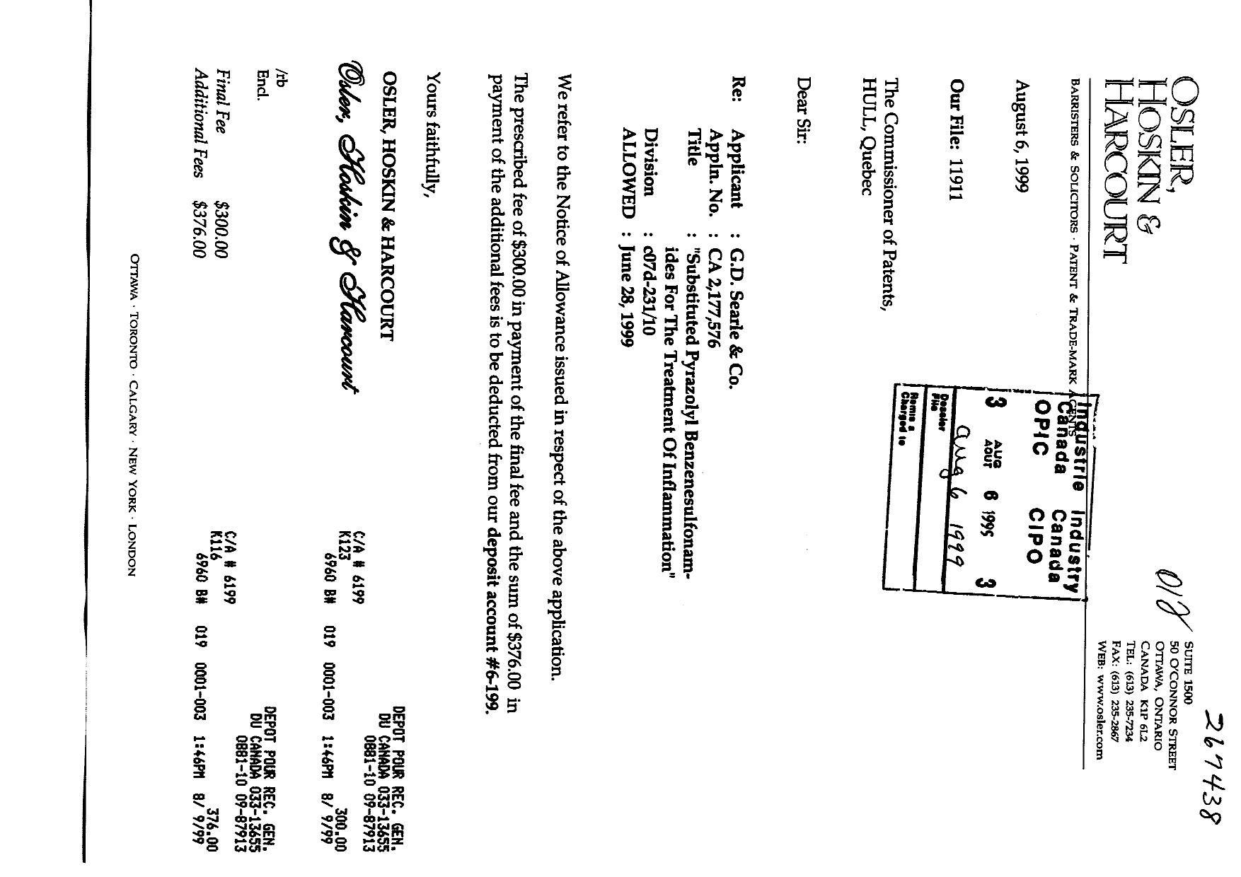 Canadian Patent Document 2177576. Correspondence 19981206. Image 1 of 1