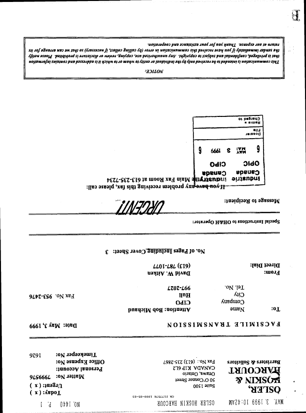 Document de brevet canadien 2177576. Correspondance de la poursuite 19990503. Image 1 de 3