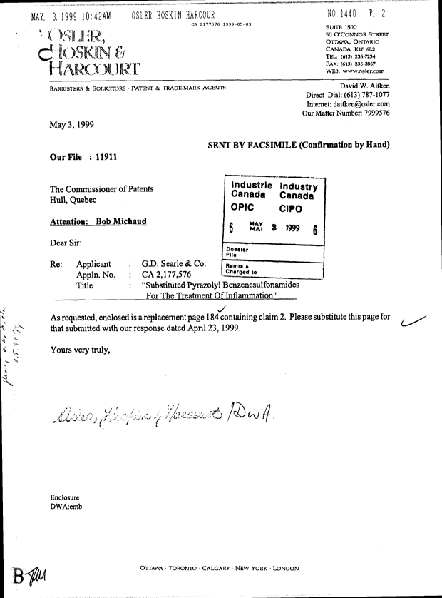 Document de brevet canadien 2177576. Correspondance de la poursuite 19990503. Image 2 de 3