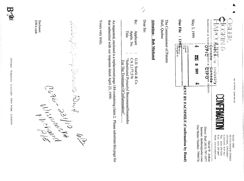 Document de brevet canadien 2177576. Correspondance de la poursuite 19990503. Image 3 de 3
