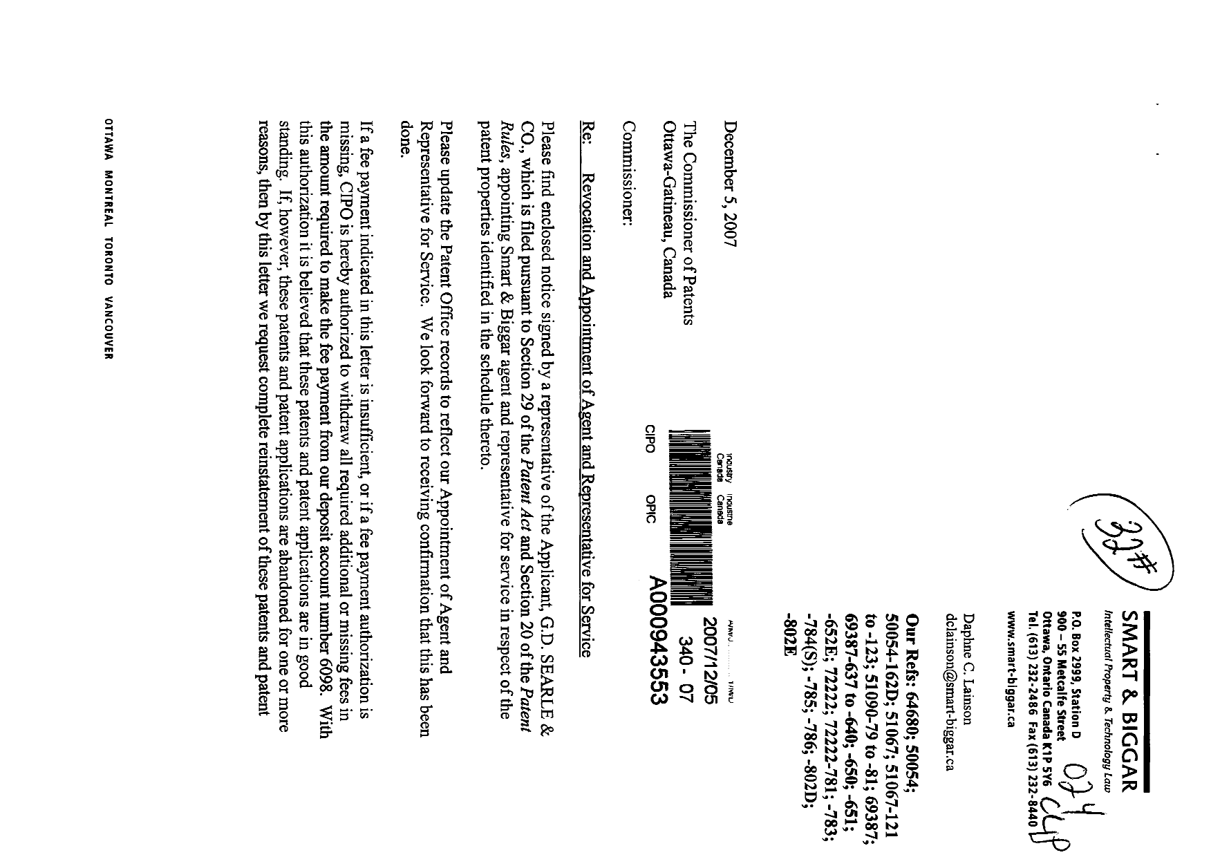 Document de brevet canadien 2177576. Correspondance 20061205. Image 1 de 4
