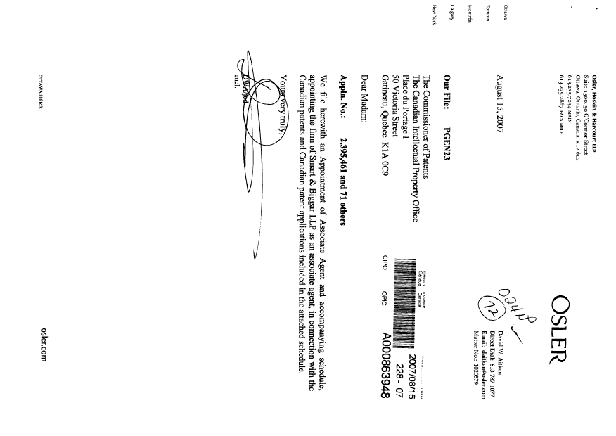 Document de brevet canadien 2177576. Correspondance 20061215. Image 1 de 8
