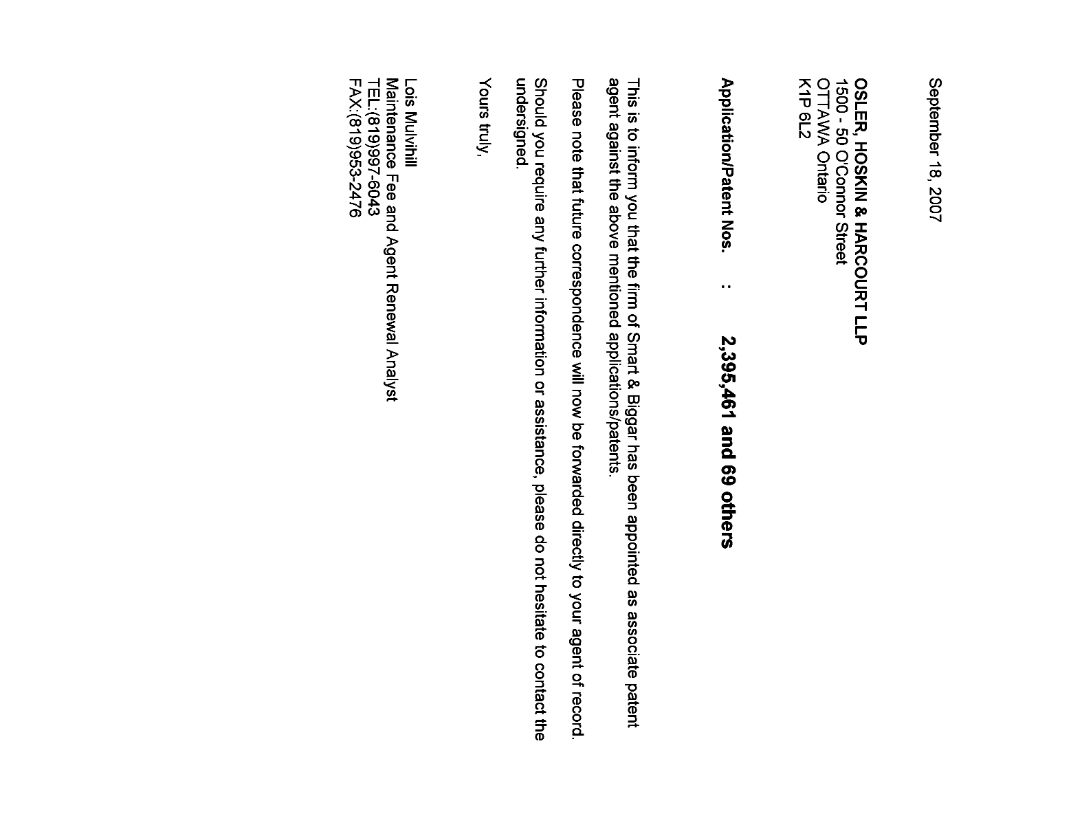 Document de brevet canadien 2177576. Correspondance 20070919. Image 1 de 1