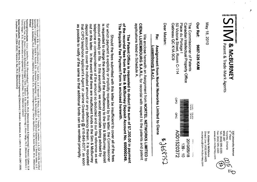 Document de brevet canadien 2177664. Cession 20100518. Image 1 de 10