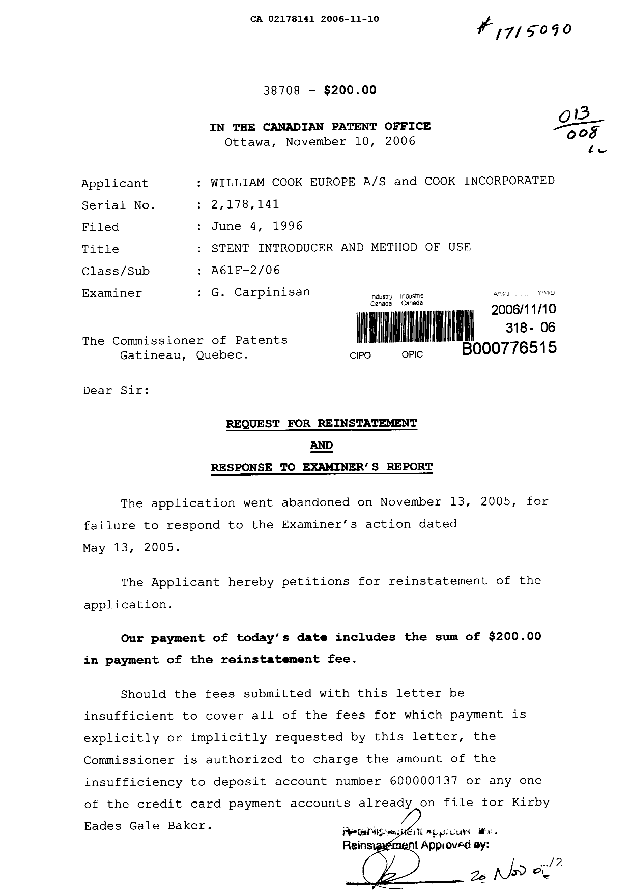 Document de brevet canadien 2178141. Poursuite-Amendment 20061110. Image 1 de 11