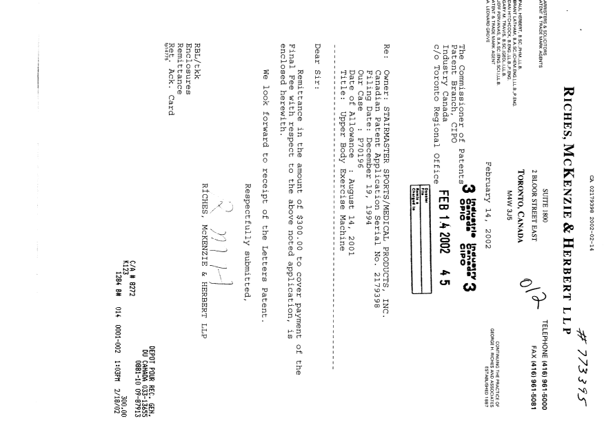 Canadian Patent Document 2179398. Correspondence 20020214. Image 1 of 1
