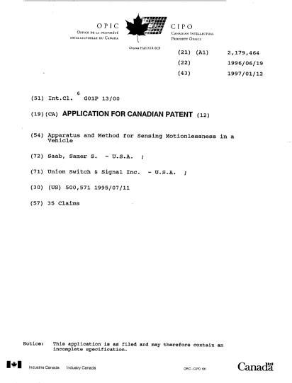 Canadian Patent Document 2179464. Cover Page 19960927. Image 1 of 1
