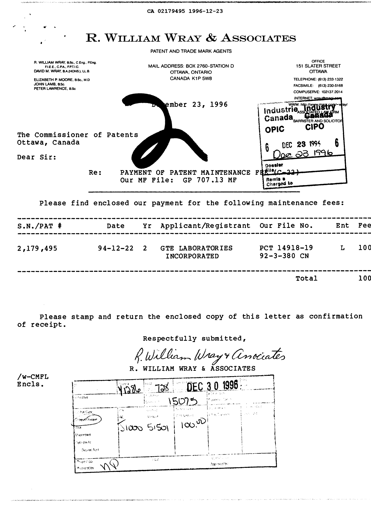 Document de brevet canadien 2179495. Taxes 19961223. Image 1 de 1