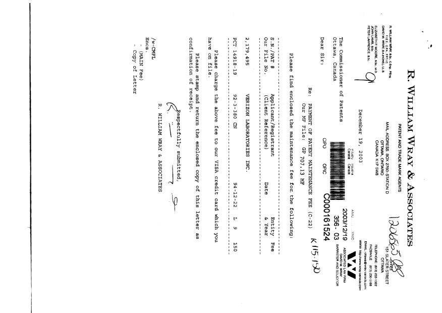 Document de brevet canadien 2179495. Taxes 20031219. Image 1 de 1