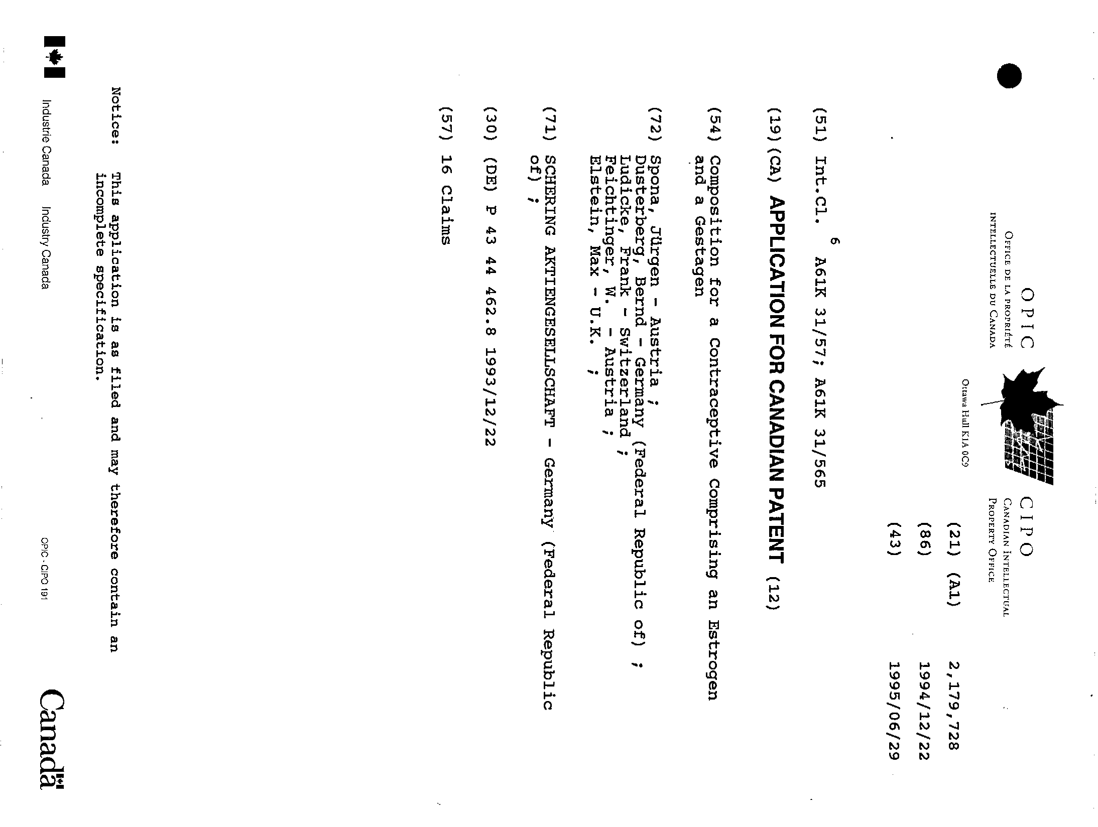 Document de brevet canadien 2179728. Page couverture 19951230. Image 1 de 1