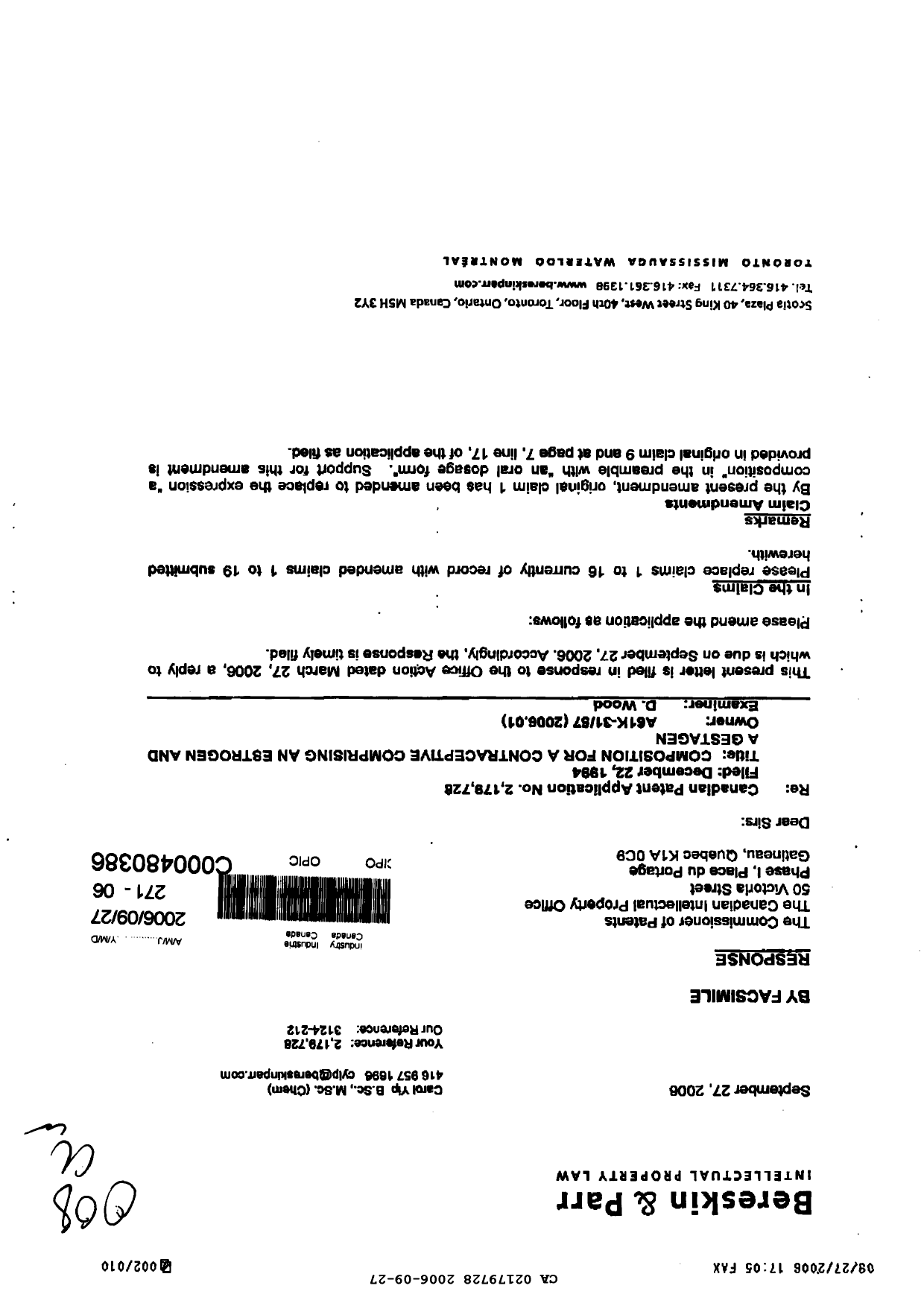 Document de brevet canadien 2179728. Poursuite-Amendment 20051227. Image 1 de 10