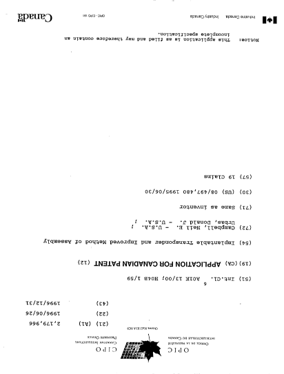 Canadian Patent Document 2179966. Cover Page 19961003. Image 1 of 1
