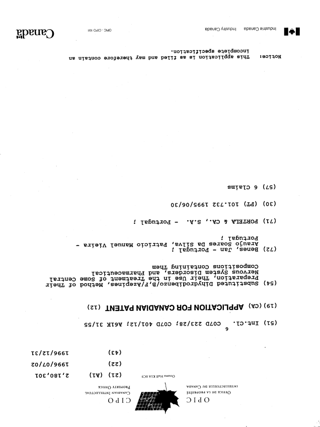 Document de brevet canadien 2180301. Page couverture 19961009. Image 1 de 1