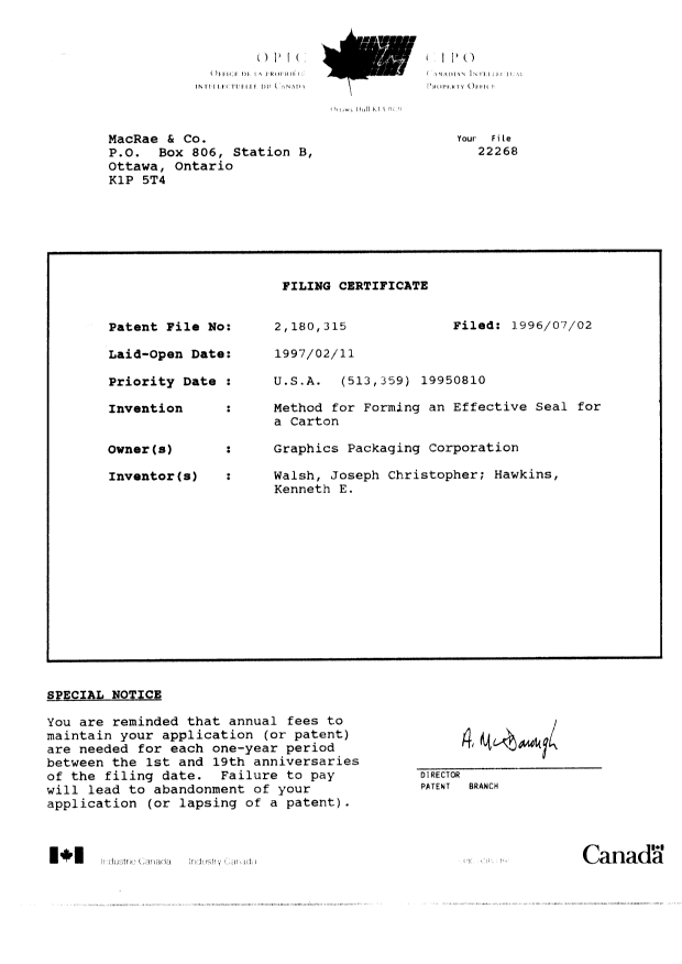Canadian Patent Document 2180315. Assignment 19960702. Image 11 of 11