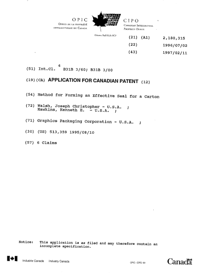 Canadian Patent Document 2180315. Cover Page 19960702. Image 1 of 1