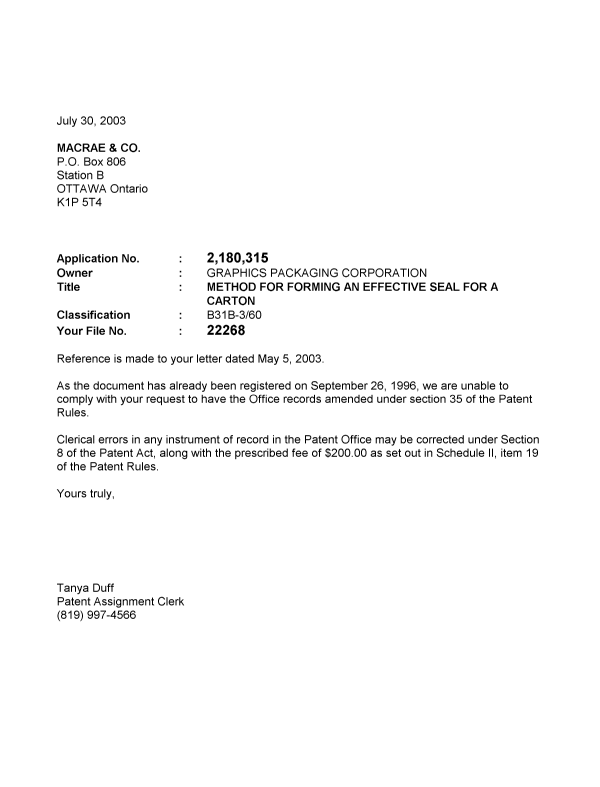 Canadian Patent Document 2180315. Correspondence 20030730. Image 1 of 1