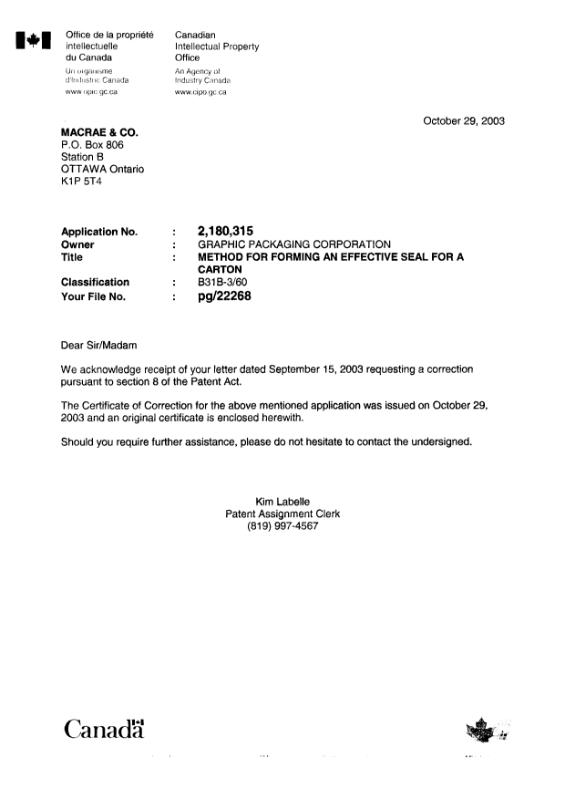 Canadian Patent Document 2180315. Prosecution-Amendment 20031029. Image 1 of 2