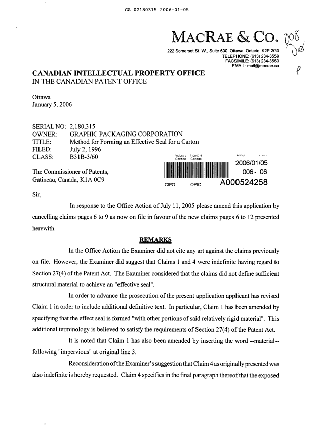 Document de brevet canadien 2180315. Poursuite-Amendment 20060105. Image 1 de 9