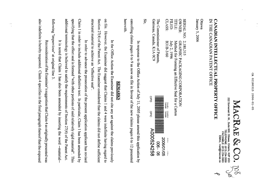 Canadian Patent Document 2180315. Prosecution-Amendment 20060105. Image 1 of 9