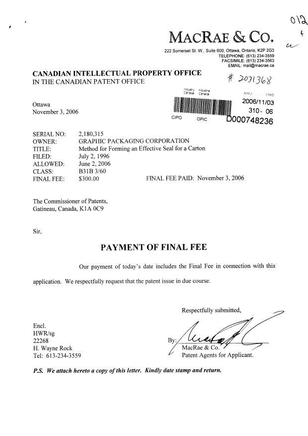 Canadian Patent Document 2180315. Correspondence 20061103. Image 1 of 1