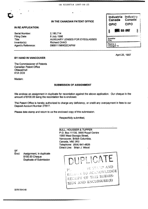 Document de brevet canadien 2180714. Cession 19970425. Image 1 de 2