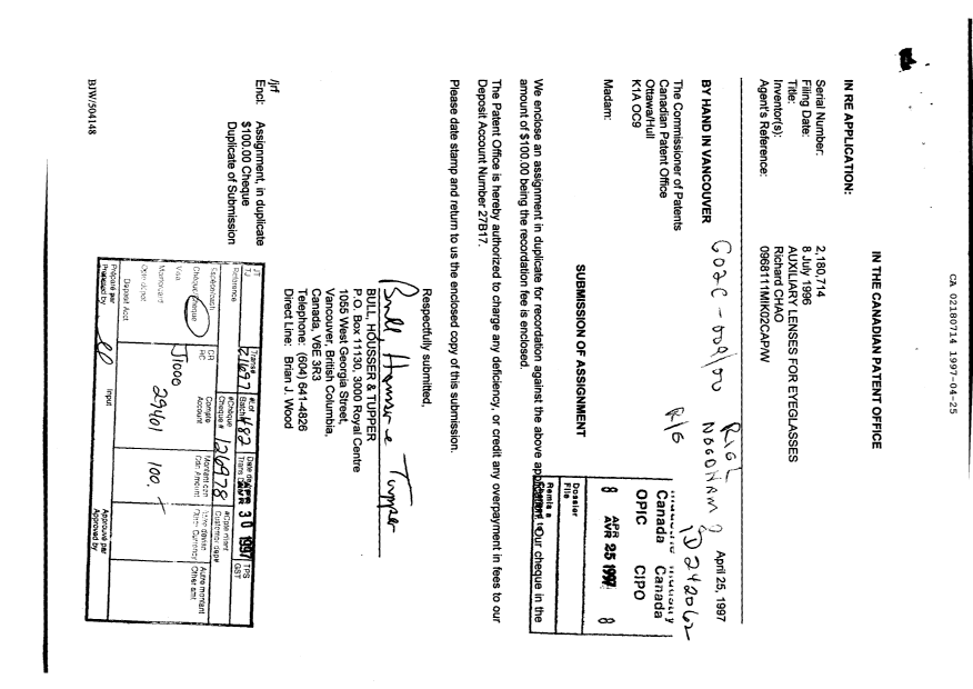 Document de brevet canadien 2180714. Cession 19970425. Image 1 de 1