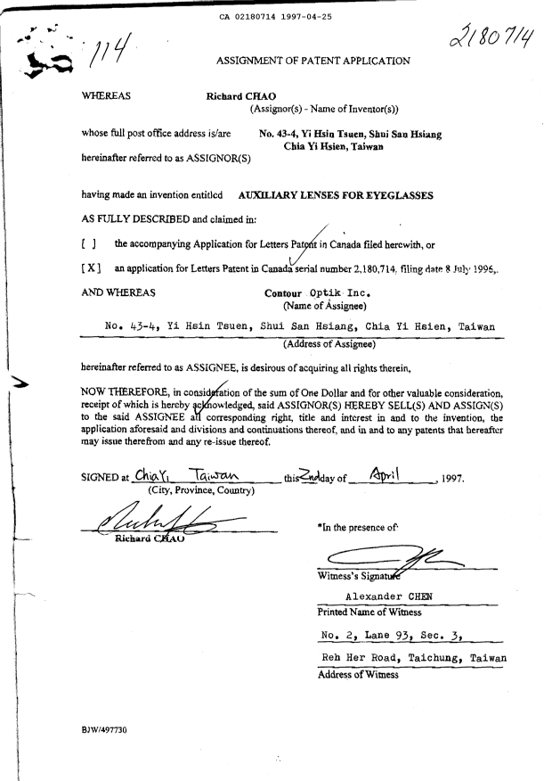 Document de brevet canadien 2180714. Cession 19970425. Image 2 de 2