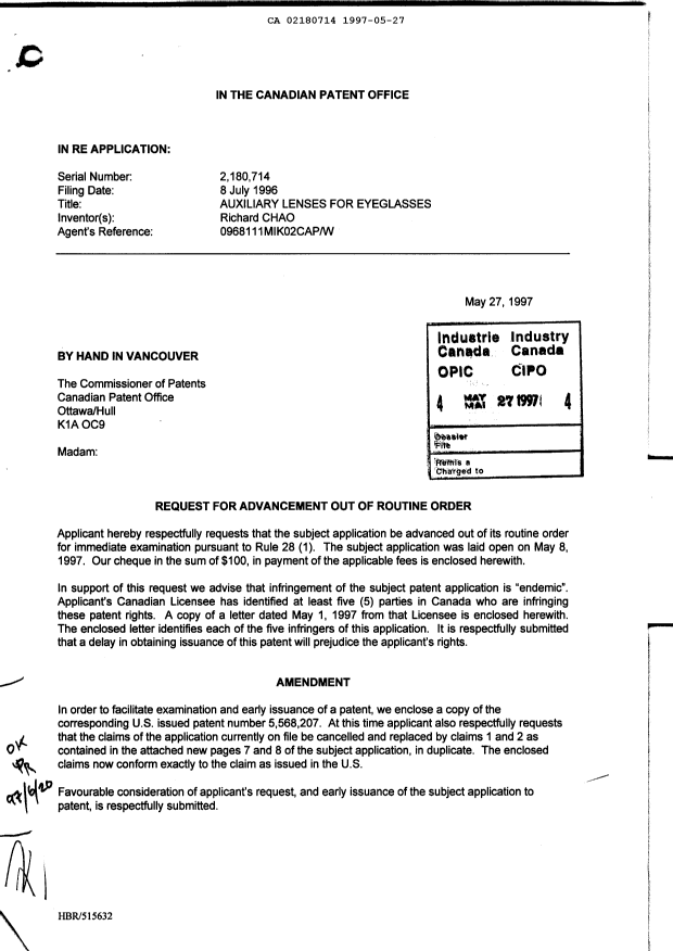 Canadian Patent Document 2180714. Prosecution-Amendment 19970527. Image 1 of 4