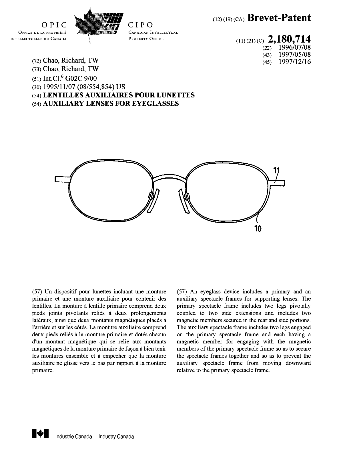 Document de brevet canadien 2180714. Page couverture 19980121. Image 1 de 1