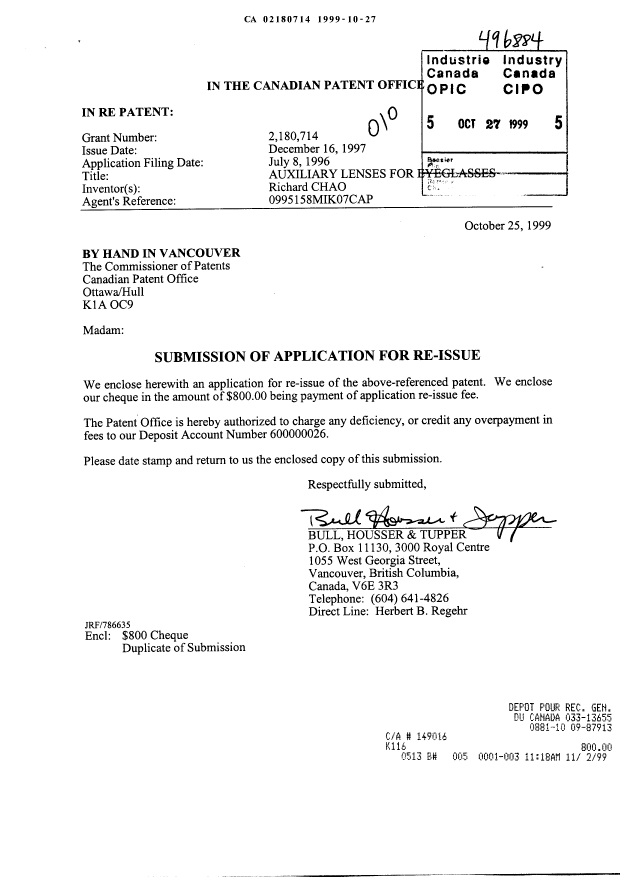 Canadian Patent Document 2180714. Prosecution-Amendment 19991027. Image 1 of 34
