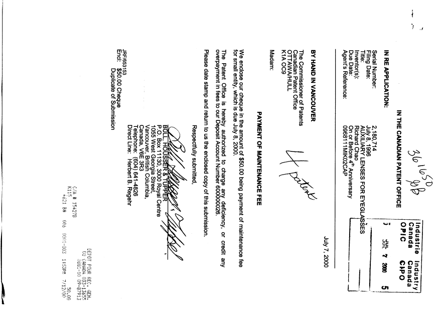 Document de brevet canadien 2180714. Taxes 20000707. Image 1 de 1