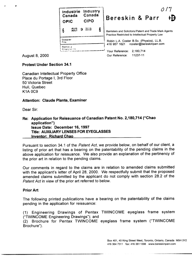 Canadian Patent Document 2180714. Prosecution-Amendment 20000809. Image 1 of 69