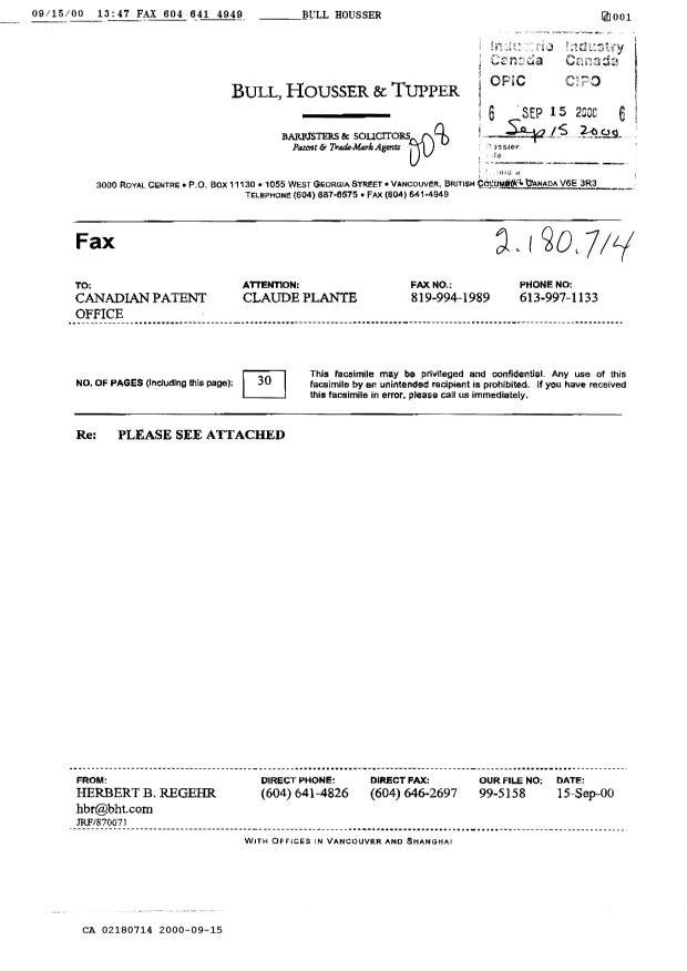 Canadian Patent Document 2180714. Prosecution-Amendment 20000915. Image 1 of 30