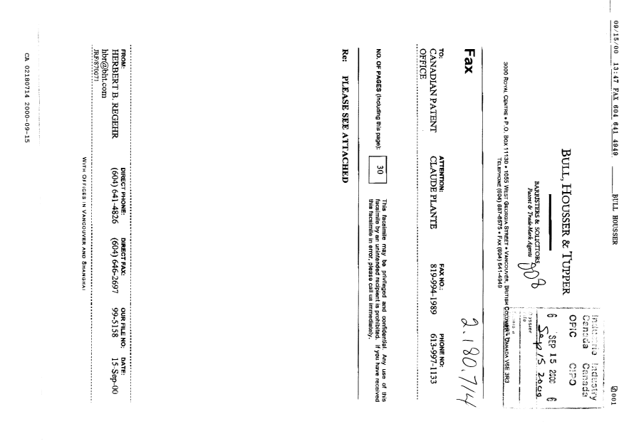 Document de brevet canadien 2180714. Poursuite-Amendment 20000915. Image 1 de 30