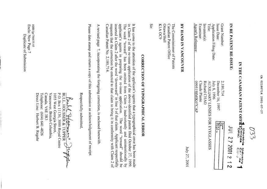Document de brevet canadien 2180714. Correspondance 20010727. Image 1 de 2
